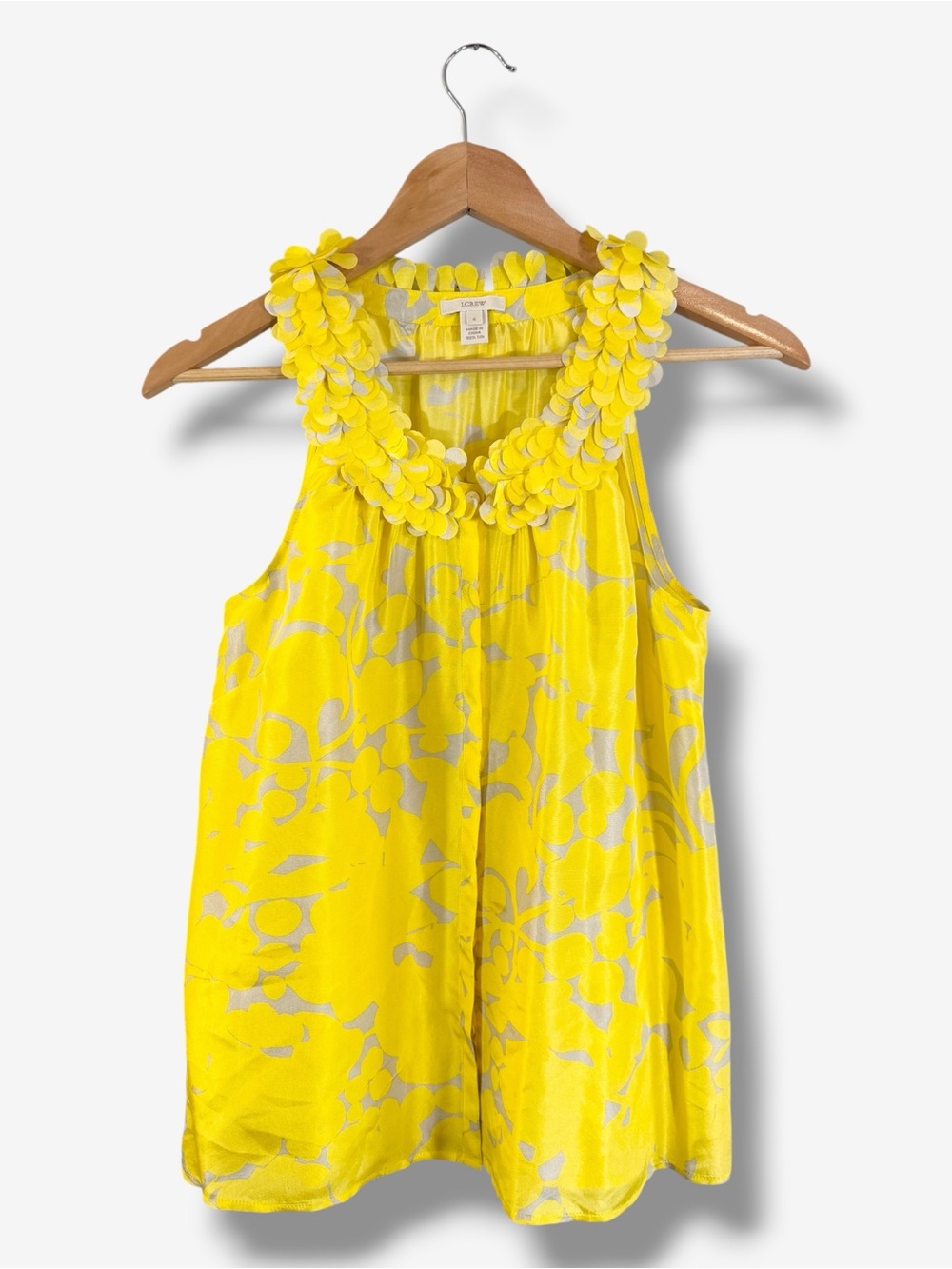 J. Crew Yellow Silk Sleeveless Blouse Size 6 Floral Appliqué Neckline Button Up